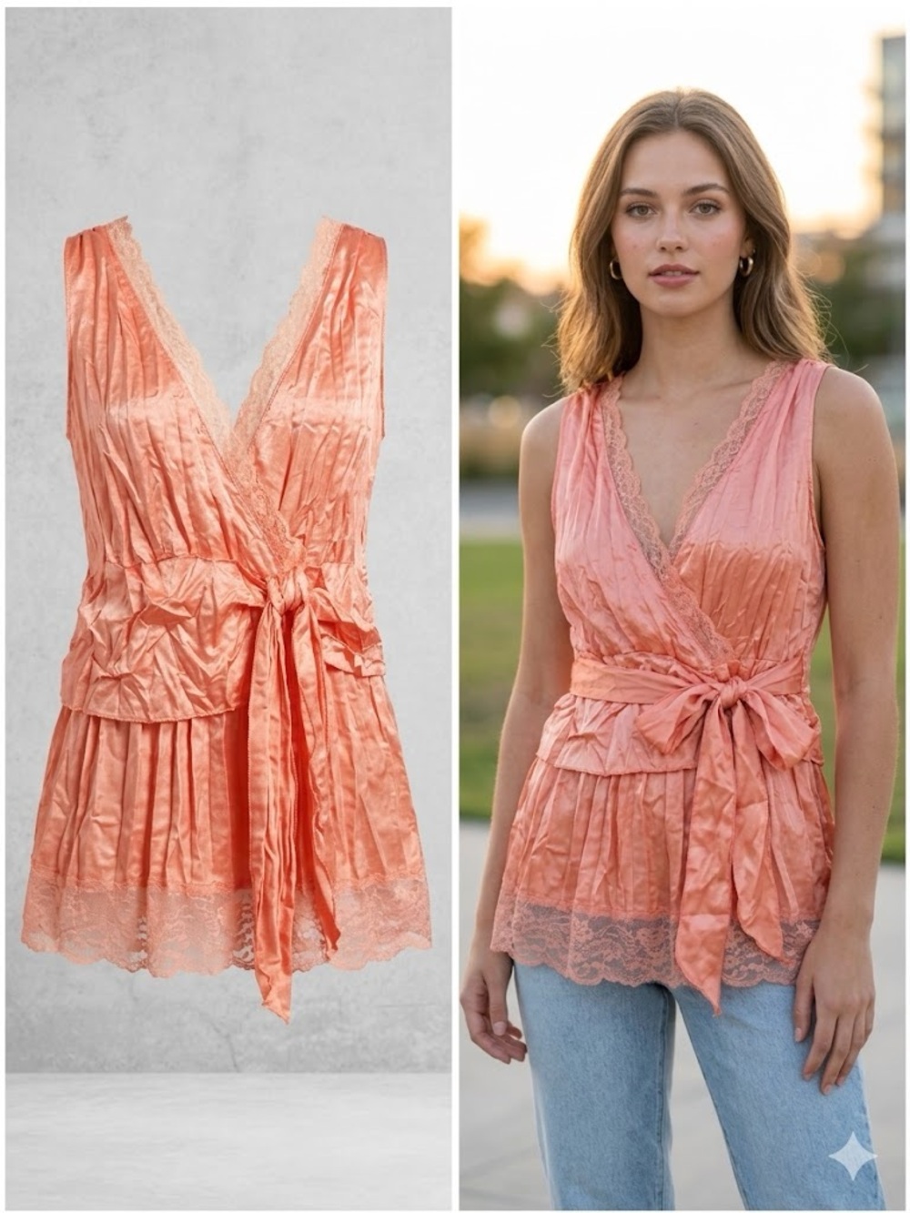 Y2K Lace-Trim Faux Wrap Tank Top in Coral Peach